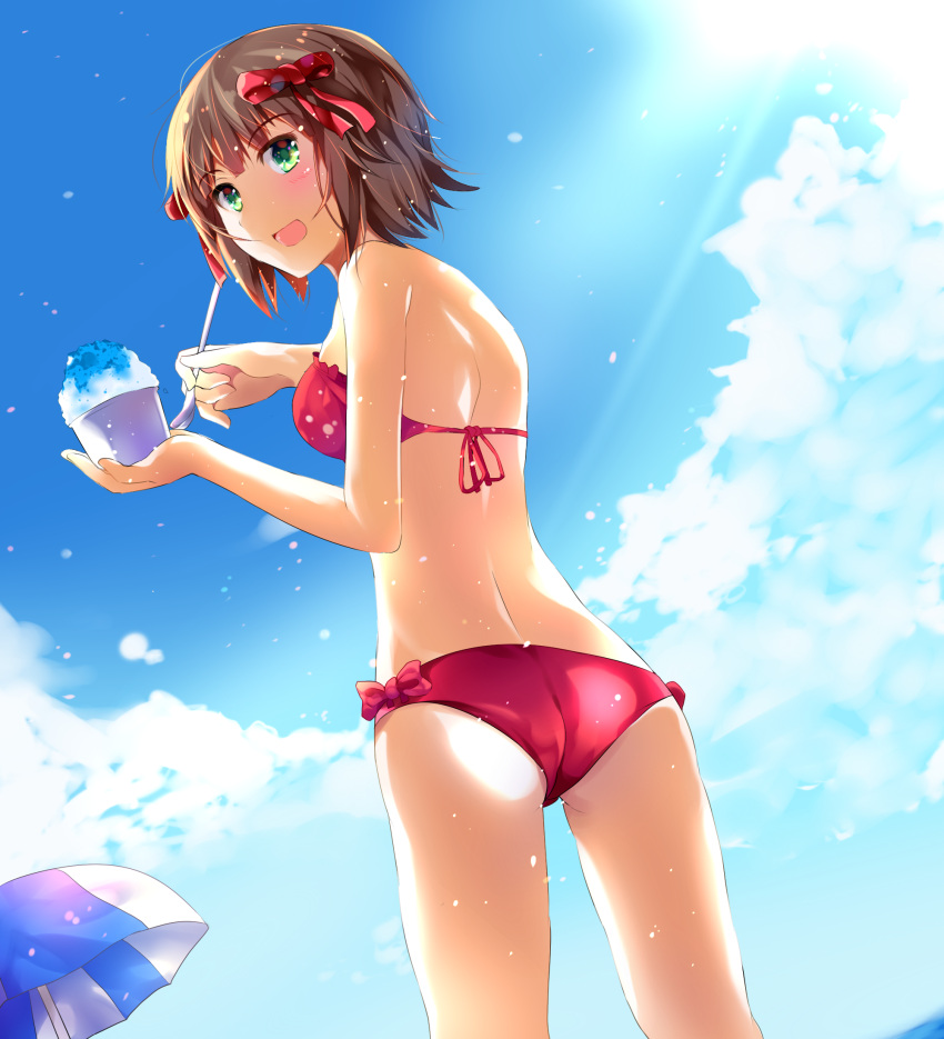 1girl :d amami_haruka ass bikini blue_sky blush bow brown_hair clouds eyebrows_visible_through_hair from_behind from_below green_eyes hair_bow highres holding idolmaster idolmaster_(classic) open_mouth parasol red_bikini red_bow red_ribbon ribbon shaved_ice short_hair sky smile solo standing strapless strapless_bikini sunlight swimsuit umbrella z.nov