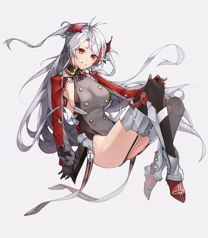 1girl absurdres antenna_hair azur_lane bangs breasts cross cross_earrings earrings eyebrows_visible_through_hair headgear highres iron_cross jewelry mole mole_on_breast multicolored_hair page'as prinz_eugen_(azur_lane) redhead sideboob silver_hair solo streaked_hair swept_bangs thigh_strap two_side_up