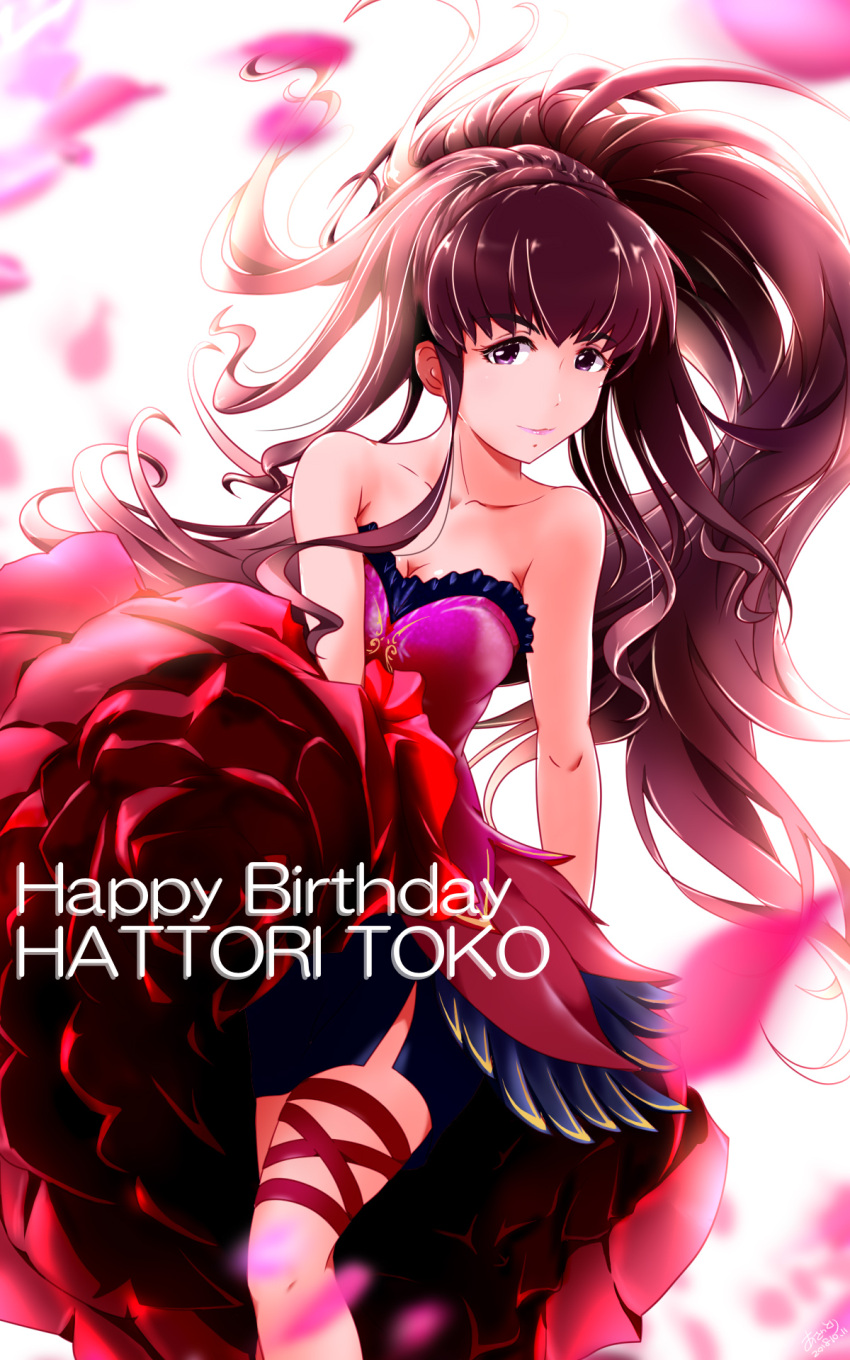 1girl asaitori bare_arms bare_shoulders blue_skirt blurry braid breasts brown_hair character_name cleavage closed_mouth collarbone depth_of_field dress eyebrows_visible_through_hair female floating_hair happy_birthday hattori_touko high_ponytail highres idolmaster idolmaster_cinderella_girls layered_dress legband lips lipstick long_dress long_hair looking_at_viewer makeup medium_breasts multicolored multicolored_clothes multicolored_dress neck pencil_skirt petals pink_dress pink_lipstick ponytail red_dress red_ribbon ribbon shiny shiny_hair side_slit skirt skirt_under_dress smile solo standing strapless strapless_dress thigh_ribbon very_long_hair violet_eyes