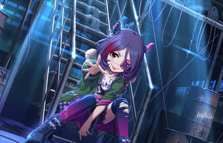 1girl belt boots brown_eyes building cable chains choker drum_(container) eyebrows_visible_through_hair eyepatch frills green_jacket hair_between_eyes hayasaka_mirei horns idolmaster idolmaster_cinderella_girls jacket looking_at_viewer moonlight multicolored_hair night official_art over-kneehighs plaid plaid_skirt purple_hair redhead shirt skirt skull sparkle stairs t-shirt thigh-highs tongue tongue_out torn_clothes torn_legwear two-tone_hair