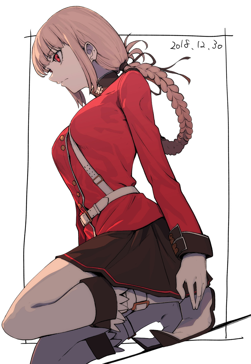 1girl absurdres after_(artist) bangs black_skirt boots braid closed_mouth commentary_request eyebrows_visible_through_hair fate/grand_order fate_(series) florence_nightingale_(fate/grand_order) gloves highres jacket kneeling military military_uniform pink_hair pleated_skirt red_eyes red_jacket sidelocks single_braid sitting skirt strap uniform white_gloves