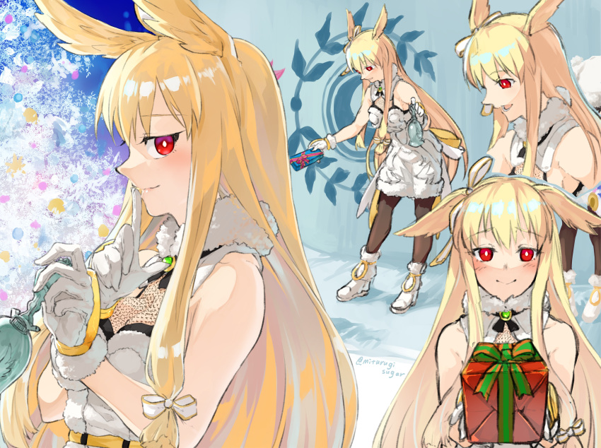 1girl absurdres bell blonde_hair blush boots box christmas christmas_tree commentary_request dress fate/grand_order fate_(series) finger_to_mouth fishnet_top fur-trimmed_boots fur-trimmed_dress fur_trim gift gift_box hair_ribbon head_wings highres holding holding_bell holding_box holding_gift long_hair looking_at_viewer mithurugi-sugar multiple_views pantyhose red_eyes ribbon ring_the_bell short_dress sleeveless sleeveless_dress smile solo thrud_(fate/grand_order) twitter_username valkyrie_(fate/grand_order) very_long_hair white_dress white_footwear white_ribbon