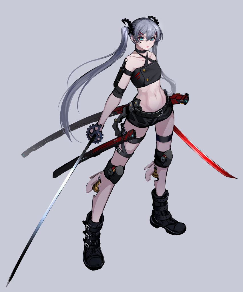 1girl absurdres android asagon007 dual_wielding green_eyes hair_between_eyes highres holding katana long_hair looking_at_viewer navel original science_fiction silver_hair simple_background solo sword twintails weapon