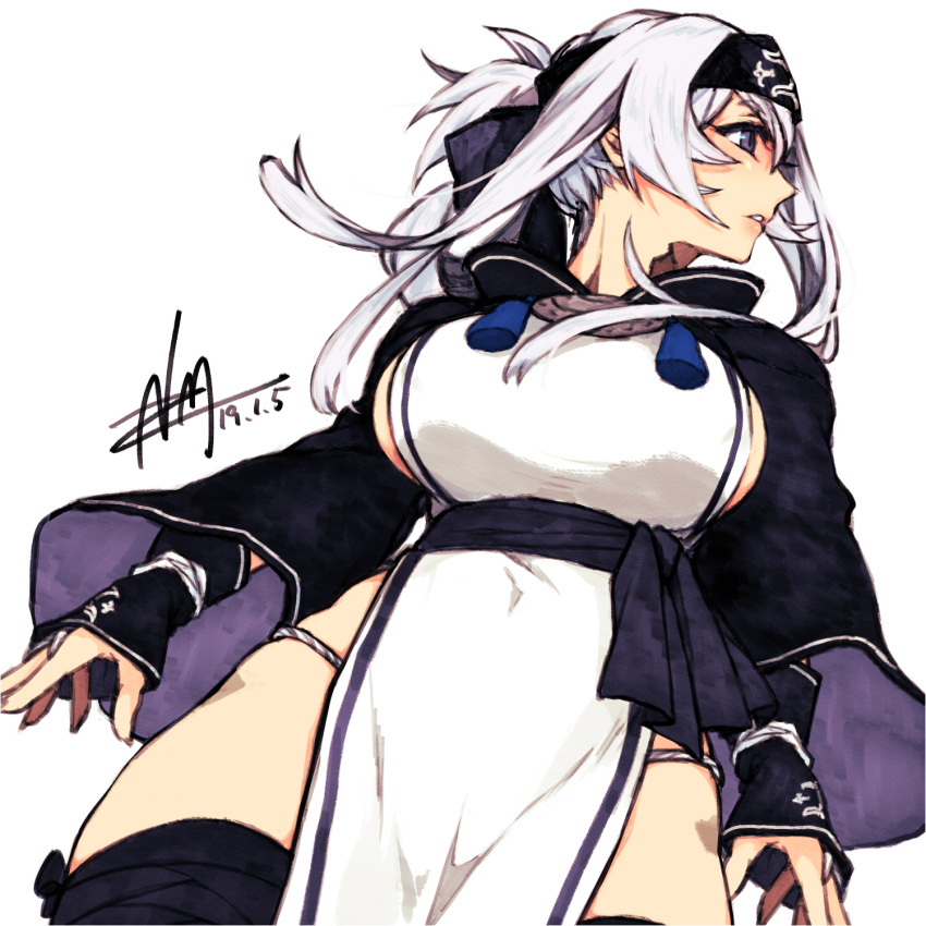 1girl ainu_clothes black_legwear breasts dated eyebrows_visible_through_hair folded_ponytail from_below fundoshi headband highres japanese_clothes kamoi_(kantai_collection) kantai_collection large_breasts long_hair nmz_(namazu) parted_lips pelvic_curtain sideboob signature solo thigh-highs violet_eyes white_hair