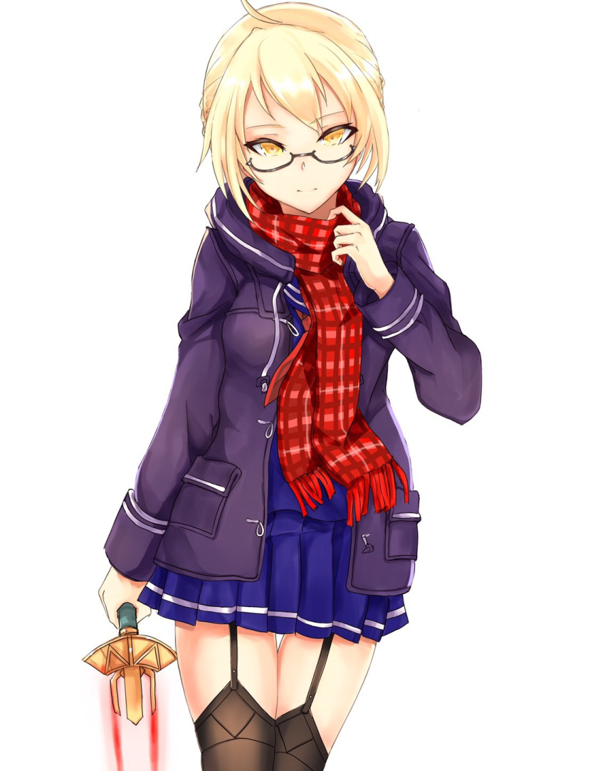 1girl ahoge artoria_pendragon_(all) black-framed_eyewear black_legwear blonde_hair blue_serafuku blue_shirt blue_skirt coat cowboy_shot fate/grand_order fate_(series) glasses highres holding holding_sword holding_weapon hood hood_down hooded_coat kano_(kanokano44) looking_at_viewer miniskirt mysterious_heroine_x_(alter) neckerchief open_clothes open_coat pleated_skirt purple_coat red_neckwear red_scarf scarf semi-rimless_eyewear shirt short_hair simple_background skirt smile solo standing sword thigh-highs under-rim_eyewear weapon white_background yellow_eyes zettai_ryouiki