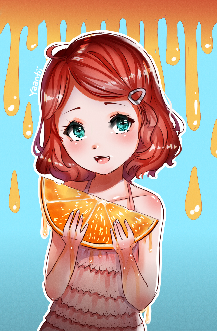 1girl :d absurdres artist_name blue_background blue_eyes commentary dress dripping english_commentary food fruit grin hair_ornament hairclip highres holding holding_food holding_fruit juice layered_dress looking_to_the_side open_mouth orange orange_slice original oversized_food redhead short_hair smile sundress yanting_sun