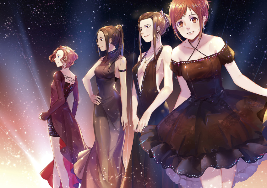 4girls black_dress black_hair blue_eyes breasts brown_eyes brown_hair cleavage dress earrings hair_bun hand_on_hip jewelry medium_breasts mila_babicheva multiple_girls necklace nishigoori_yuuko okukawa_minako petals ponytail redhead sara_crispino sideboob smile violet_eyes yuri!!!_on_ice yuyu_(yuyudesu0806)