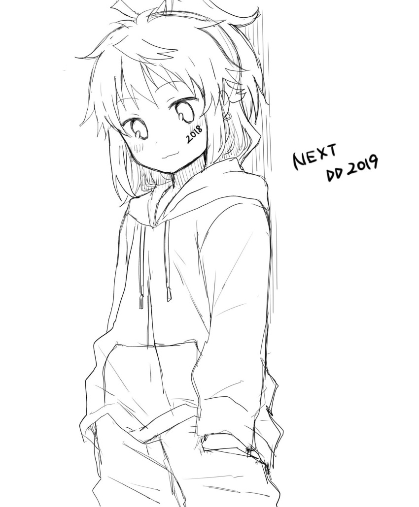 1girl 2018 2019 blush closed_mouth commentary_request cowboy_shot drawstring earrings greyscale hands_in_pockets highres hood hood_down hoodie jewelry koshigaya_natsumi monochrome non_non_biyori pants ponytail shika_(s1ka) sketch smile solo standing white_background