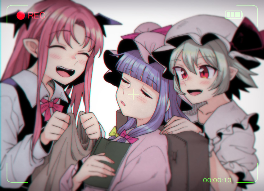 3girls anarogumaaa bangs black_vest black_wings blanket blunt_bangs book bow chair closed_eyes collared_shirt commentary_request demon_wings eyebrows_visible_through_hair fang fingernails hair_between_eyes hair_bow hat hat_ribbon head_wings highres holding holding_book koakuma long_hair mob_cap multiple_girls open_mouth patchouli_knowledge pink_bow pink_hat pointy_ears puffy_short_sleeves puffy_sleeves purple_hair recording red_eyes red_ribbon redhead remilia_scarlet ribbon shirt short_hair short_sleeves sidelocks silver_hair sleeping smile touhou upper_body vest white_hat white_shirt wing_collar wings yellow_bow