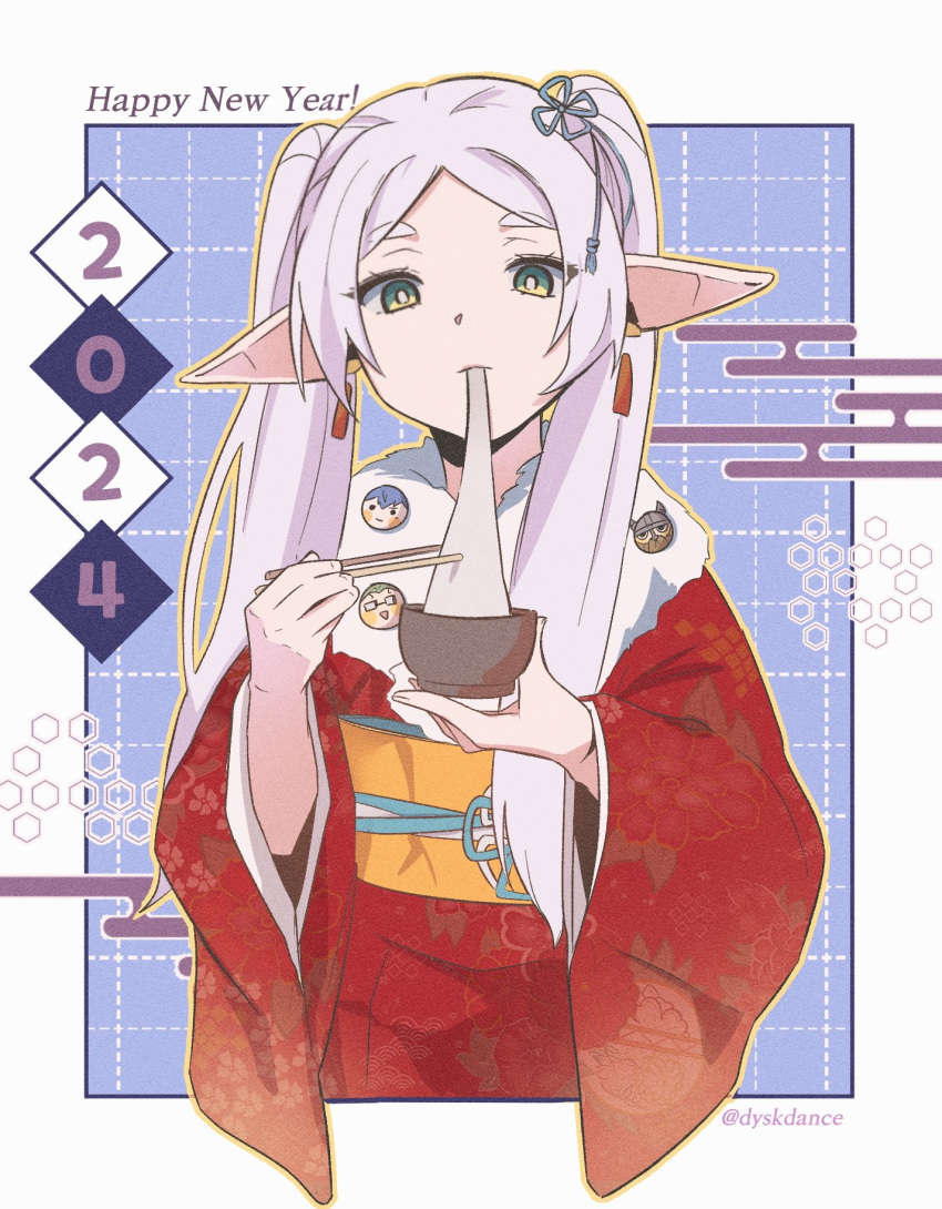 1girl 2024 alternate_costume border bowl bright_pupils chopsticks closed_mouth dyskdance eating elf eyelashes floral_print food frieren green_eyes hair_ornament hair_over_shoulder happy_new_year highres holding holding_bowl holding_chopsticks japanese_clothes kimono long_hair long_sleeves looking_at_viewer mixed-language_commentary mochi mouth_hold new_year parted_bangs pointy_ears red_kimono sash solo sousou_no_frieren twintails upper_body white_border white_hair white_pupils wide_sleeves