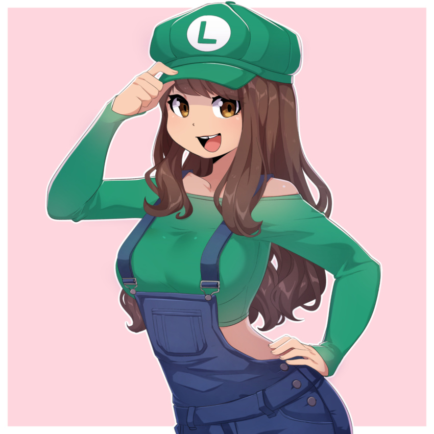 1girl :d bare_shoulders breasts brown_eyes brown_hair cabbie_hat cosplay crop_top genderswap gloves green_hat green_shirt hand_on_hip hat highres iwbitu-sa long_hair long_sleeves looking_at_viewer luigi luigi_(cosplay) super_mario_bros. medium_breasts nintendo off-shoulder_shirt off_shoulder open_mouth overalls pink_background shirt smile solo super_mario_bros. teeth