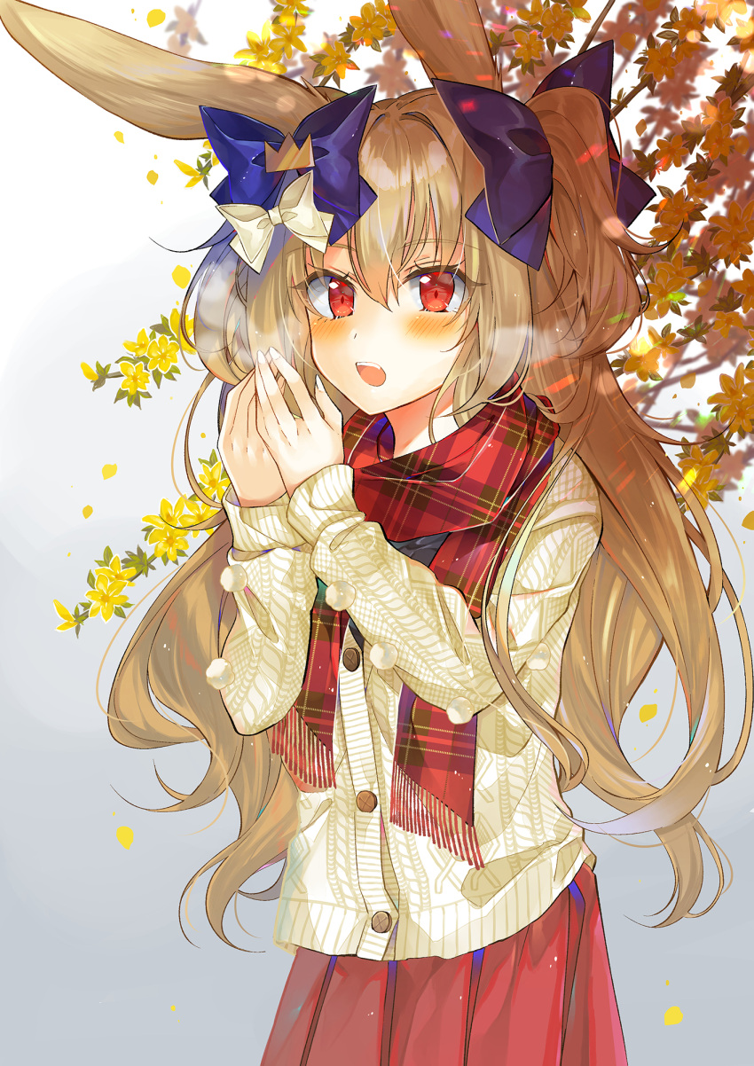 1girl animal_ears aran_sweater blue_bow blush bow breathing_on_hands brown_hair commentary_request fingernails gradient gradient_background grey_background hair_bow highres long_hair long_sleeves monaka_natsume open_mouth original plaid plaid_scarf pleated_skirt rabbit_ears red_eyes red_scarf red_skirt scarf skirt sleeves_past_wrists solo sweater tree_branch two_side_up very_long_hair white_background white_bow white_sweater yellow_bow