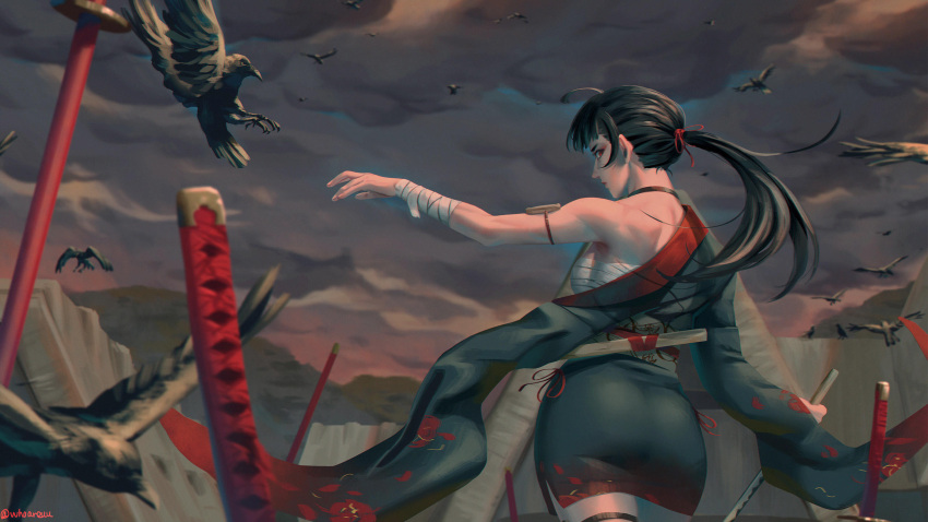 1girl ahoge armlet back bandage bandaged_arm bandages battlefield bird black_hair black_kimono clouds cloudy_sky commentary crow english_commentary from_behind hair_tie highres holding holding_sword holding_weapon japanese_clothes katana kimono looking_back multiple_swords off_shoulder original planted_sword planted_weapon ponytail red_eyes sarashi sheath short_kimono sky sword thighlet weapon whoareuu