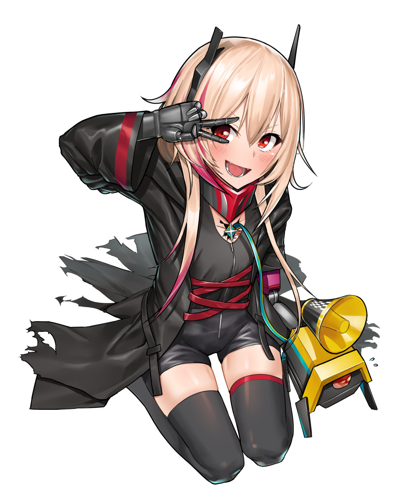 1girl absurdres bangs black_jacket black_legwear black_shorts blush breasts commentary_request girls_frontline gloves hair_between_eyes headgear highres jacket long_hair looking_at_viewer m4_sopmod_ii_(girls_frontline) mechanical_arm megaphone multicolored_hair open_mouth pantyhose pink_hair red_eyes red_ribbon ribbon ro635_(girls_frontline) short_shorts shorts small_breasts smile streaked_hair thighs uleuleuleu v