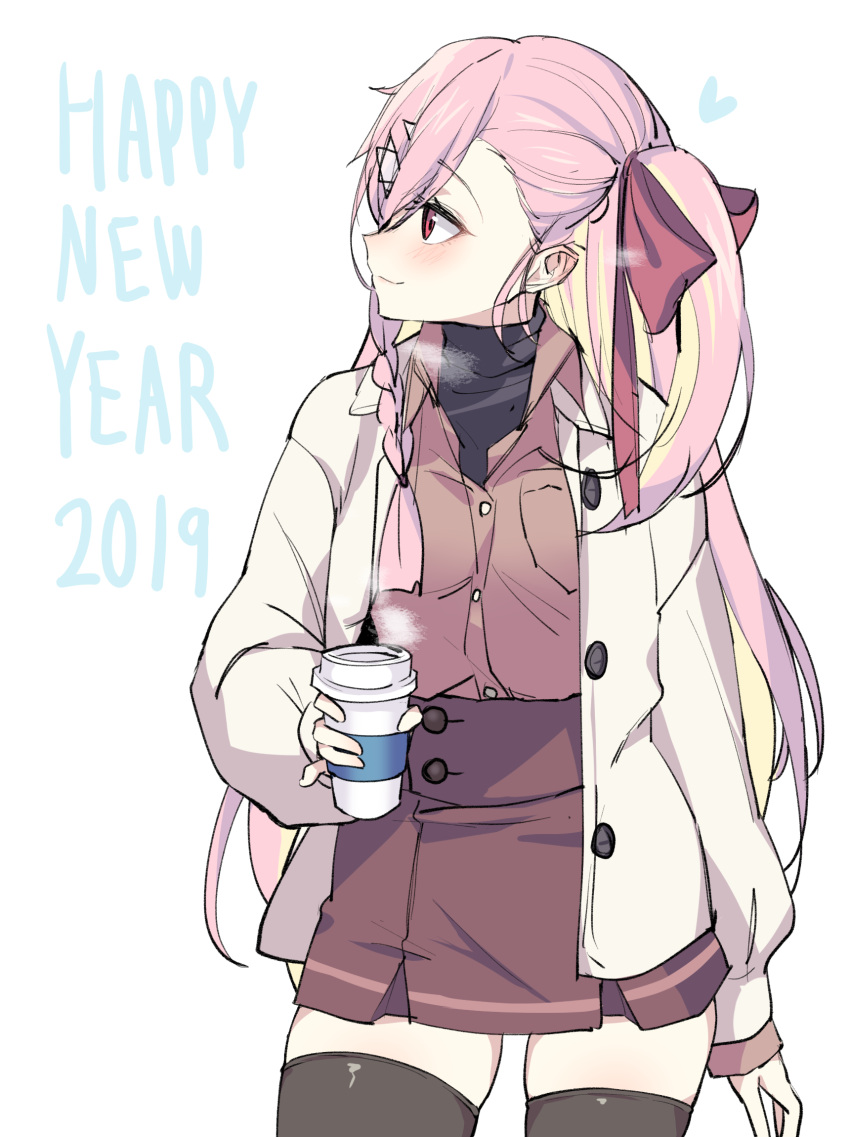 1girl bag bangs beige_coat blush bow braid brown_shirt character_name coat collared_shirt commentary_request cup eyebrows_visible_through_hair finger_to_mouth girls_frontline hair_between_eyes hair_bow hair_ornament hair_ribbon hairclip happy_new_year heart hexagram highres holding holding_cup jingo long_hair long_sleeves looking_away negev_(girls_frontline) new_year one_side_up pink_hair purple_skirt red_bow red_eyes ribbon shirt shushing skirt smile solo sparkle star_of_david turtleneck undershirt