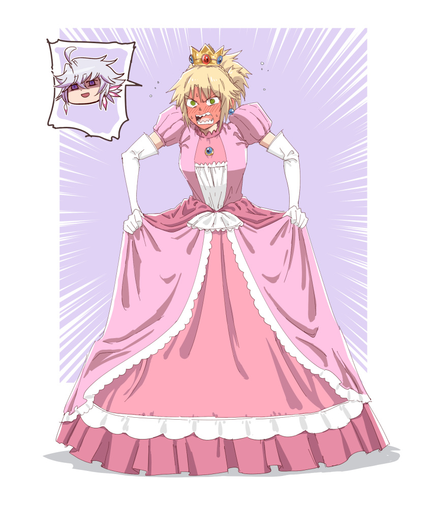 1boy 1girl ahoge angry blonde_hair blush commentary cosplay crossover crown dress earrings elbow_gloves embarrassed eyebrows_visible_through_hair fate/grand_order fate_(series) full-face_blush fumafu gloves green_eyes hair_between_eyes highres jewelry long_dress long_hair merlin_(fate) mordred_(fate) mordred_(fate)_(all) new_super_mario_bros._u_deluxe nintendo open_mouth pink_dress ponytail princess_peach princess_peach_(cosplay) sharp_teeth simple_background solo_focus speech_bubble super_mario_bros. teeth white_hair