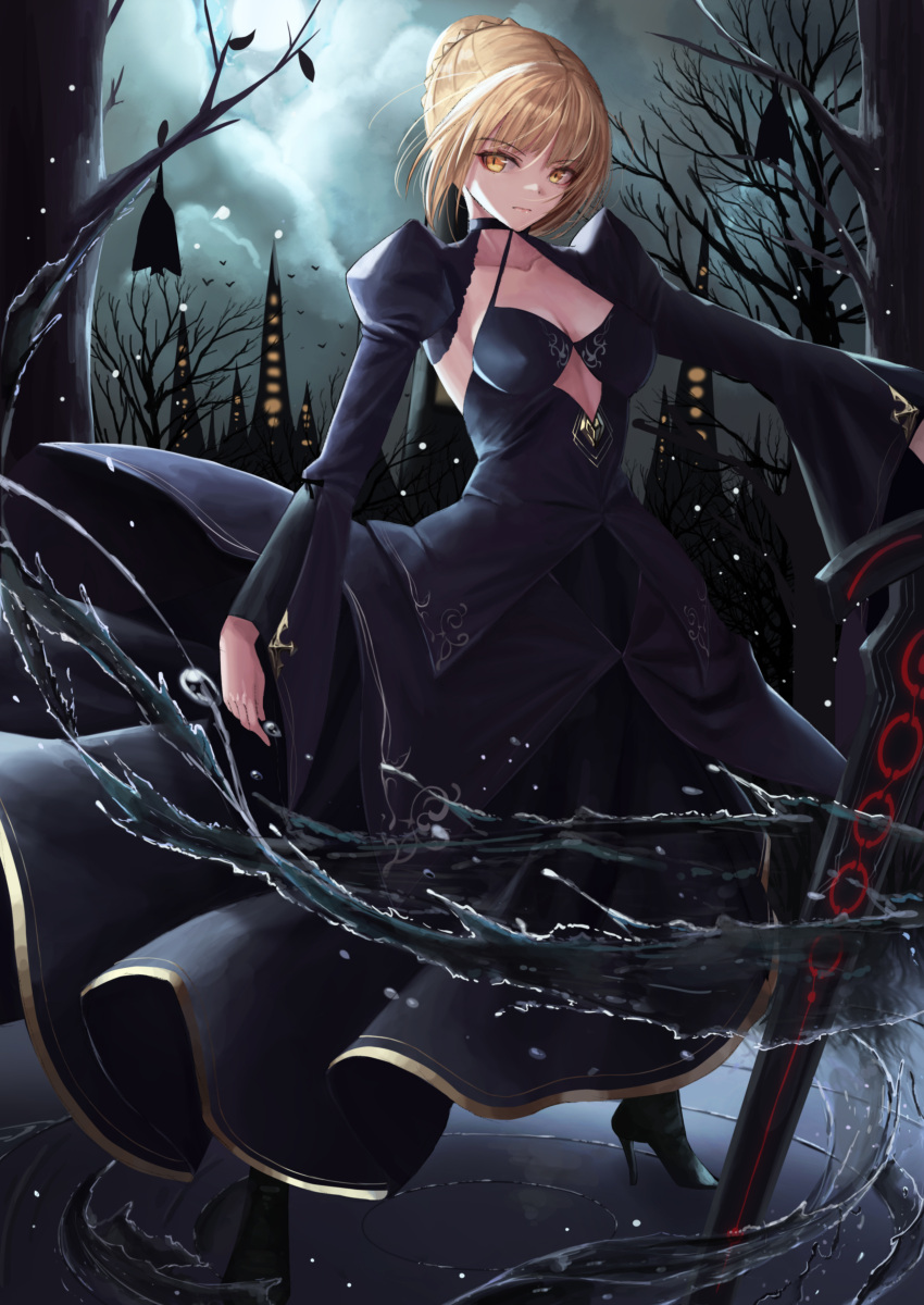 1girl absurdres artoria_pendragon_(all) black_footwear black_skirt blonde_hair breasts cleavage clouds cloudy_sky dark_excalibur eyebrows_visible_through_hair fate/stay_night fate_(series) formal full_body high_heels highres long_skirt long_sleeves medium_breasts nekobell night outdoors outstretched_arm saber_alter shrug_(clothing) sideboob skirt skirt_suit sky solo standing suit tied_hair yellow_eyes