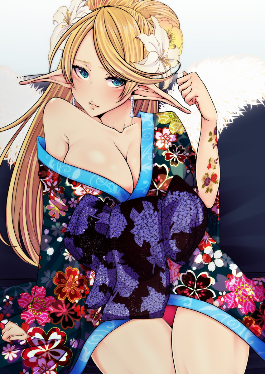 1girl bare_shoulders blonde_hair blue_eyes breasts cleavage earrings elf floral_print flower hair_flower hair_ornament highres japanese_clothes jewelry kimono kira_kazuki long_hair looking_at_viewer off_shoulder original panties pointy_ears ponytail purple_panties sitting solo tattoo underwear