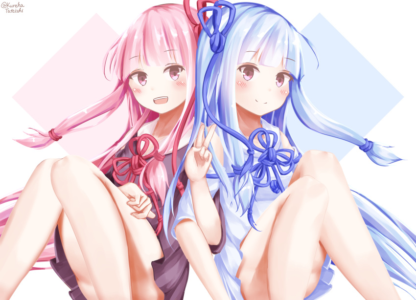 2girls :d absurdres back-to-back blue_hair blue_ribbon blush brown_dress commentary_request dress fingernails hair_ribbon hamayuu_(litore) highres knees_together_feet_apart knees_up kotonoha_akane kotonoha_aoi locked_arms long_hair looking_at_viewer multiple_girls open_mouth pink_hair red_eyes red_ribbon ribbon sailor_collar sailor_dress short_sleeves sidelocks sitting smile twitter_username very_long_hair voiceroid white_dress white_sailor_collar