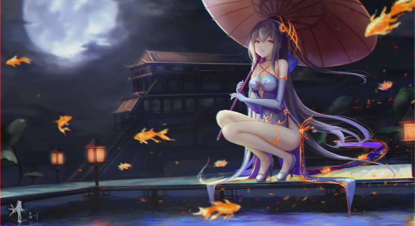 1girl bare_shoulders blue_gloves blurry blurry_background blurry_foreground breasts building center_opening china_dress chinese_clothes choker closed_mouth clouds cloudy_sky criss-cross_halter dress elbow_gloves eyebrows_visible_through_hair fish full_moon gloves halterneck high_heels highres long_hair looking_at_viewer medium_breasts moon night oriental_umbrella original outdoors purple_hair red_eyes side_slit sky solo squatting thighlet umbrella very_long_hair wangchuan_de_quanyan watermark