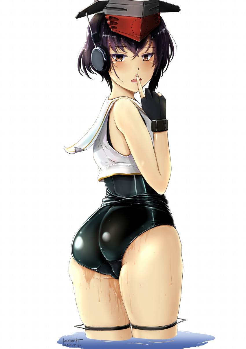 1girl absurdres ass asymmetrical_hair back black_hair black_swimsuit brown_eyes character_name crop_top dated eyebrows_visible_through_hair finger_to_mouth gloves hair_between_eyes hat headphones highres i-13_(kantai_collection) kantai_collection looking_at_viewer looking_back okota_(pixiv) old_school_swimsuit one-piece_swimsuit partially_submerged partly_fingerless_gloves sailor_collar school_swimsuit shirt short_hair signature single_glove solo swimsuit swimsuit_under_clothes tsurime water wet wet_clothes wet_swimsuit white_sailor_collar