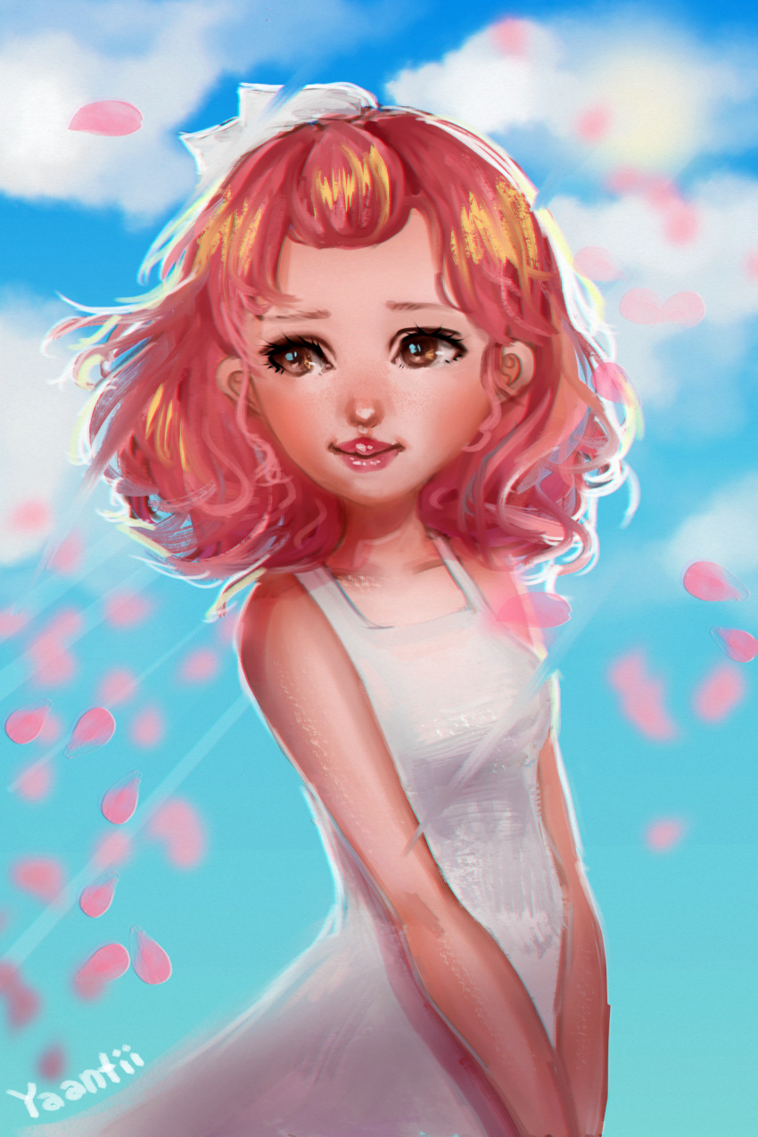 1girl absurdres artist_name blue_sky breasts brown_eyes closed_mouth clouds commentary day dress english_commentary eyelashes hair_ribbon highres huge_filesize lips looking_to_the_side original pink_hair pink_lips pink_petals ribbon short_hair sky sleeveless sleeveless_dress small_breasts solo sunlight v_arms white_dress white_ribbon yanting_sun
