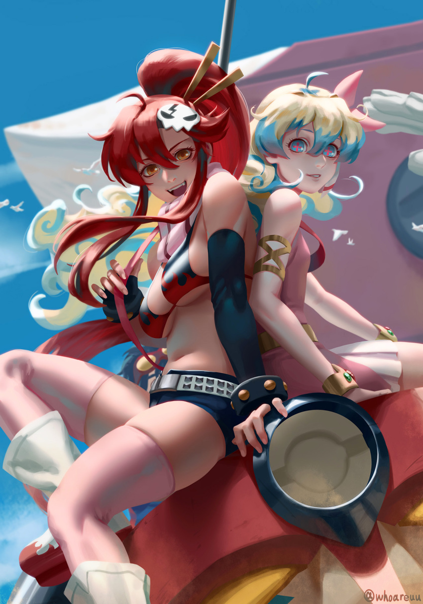2girls :d ahoge armlet bangs belt bikini_top bird blue_eyes blue_sky bracelet commentary curly_hair dove dress elbow_gloves english_commentary gloves grin gurren hair_between_eyes hair_ornament high_ponytail highres jewelry looking_at_viewer midriff multicolored_hair multiple_girls navel nia_teppelin open_mouth outdoors pink_dress pink_legwear ponytail redhead scarf short_shorts shorts sitting skull_hair_ornament sky smile studded_belt studded_bracelet tengen_toppa_gurren_lagann thigh-highs thighs two-tone_hair whoareuu yoko_littner