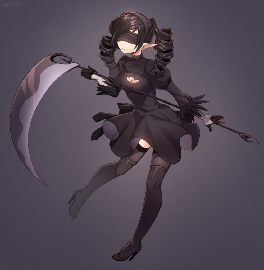 1girl black_background black_blindfold black_dress black_gloves black_hair black_hairband black_legwear blindfold boots borrowed_character breasts cleavage_cutout commission cosplay covered_eyes dress drill_hair facing_viewer feather-trimmed_sleeves gloves gothic_lolita hairband high_heel_boots high_heels highres holding holding_scythe iwbitu-sa juliet_sleeves lolita_fashion long_hair long_sleeves medium_breasts nier_(series) nier_automata pointy_ears puffy_sleeves scythe smile solo standing standing_on_one_leg thigh-highs thigh_boots thighhighs_under_boots twin_drills vambraces yorha_no._2_type_b yorha_no._2_type_b_(cosplay)