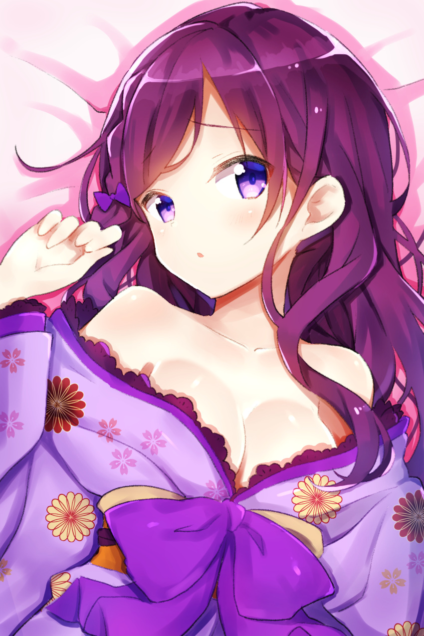 1girl bare_shoulders bed_sheet blush bow breasts cleavage collarbone commentary_request floral_print gochuumon_wa_usagi_desu_ka? hair_bow hand_up highres japanese_clothes kimono long_hair looking_at_viewer lying medium_breasts nanakusa_amane obi off_shoulder on_back parted_lips print_kimono purple_bow purple_hair purple_kimono sash solo tedeza_rize upper_body very_long_hair violet_eyes