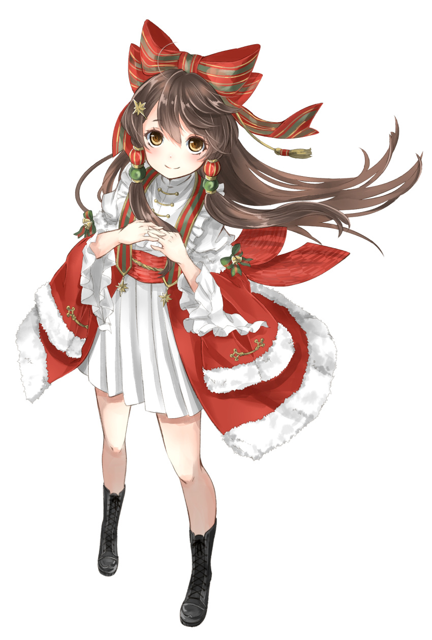 1girl alternate_costume black_footwear blush boots bow brown_eyes brown_hair christmas clip_studio_paint dress from_above full_body fur_trim hair_bow hair_ornament hakurei_reimu highres jacket long_hair looking_at_viewer mokona1107 own_hands_together red_dress red_jacket simple_background smile solo standing star star_hair_ornament striped striped_bow touhou white_background white_dress yellow_eyes