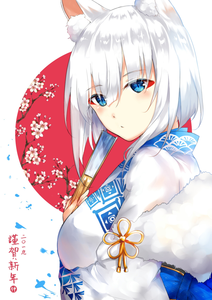 1girl animal_ears azur_lane bangs blue_eyes blunt_bangs eyeliner eyeshadow fan fox_ears fur_trim highres japanese_clothes kaga_(azur_lane) kagura_miyabi kimono kitsune makeup solo white_hair white_kimono