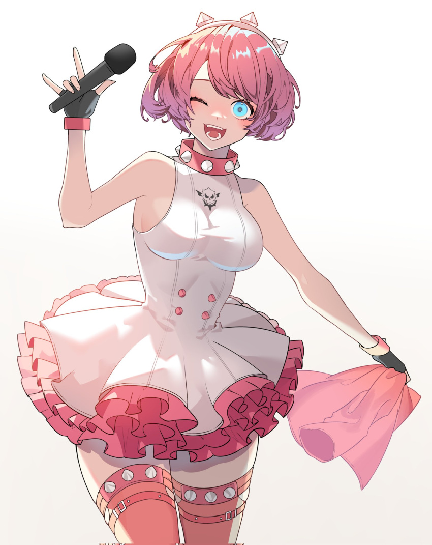 1girl black_gloves blue_eyes blush boots bracelet breasts collar dress elphelt_valentine fingerless_gloves frilled_dress frills gloves guilty_gear guilty_gear_strive hairband highres holding holding_microphone jewelry large_breasts looking_at_viewer microphone one_eye_closed open_mouth pink_dress pink_footwear pink_hair short_hair simple_background smile spiked_bracelet spiked_collar spiked_hairband spikes thigh_boots two-tone_dress white_dress yeji36