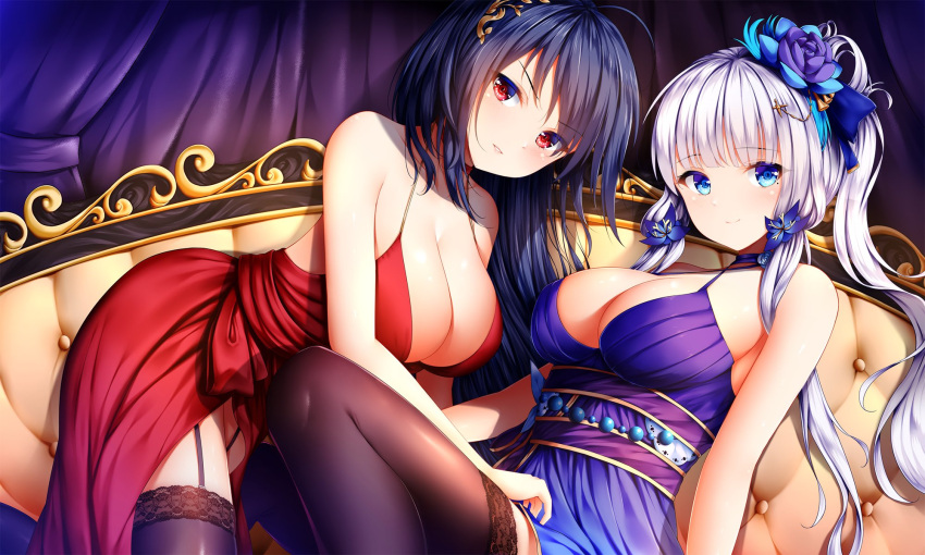 2girls ahoge alternate_costume alternate_hairstyle azur_lane bangs bare_shoulders black_hair black_legwear blue_dress blue_eyes blush breasts choker cleavage closed_mouth cocktail_dress collarbone commentary curtains dress elbow_gloves eyebrows_visible_through_hair garter_straps gloves hair_between_eyes hair_ornament hair_ribbon halter_dress highres huge_breasts illustrious_(azur_lane) indoors large_breasts long_hair looking_at_viewer lounge mole mole_under_eye multiple_girls ponytail red_dress red_eyes ribbon sidelocks smile taihou_(azur_lane) thigh-highs twintails very_long_hair white_hair wsman