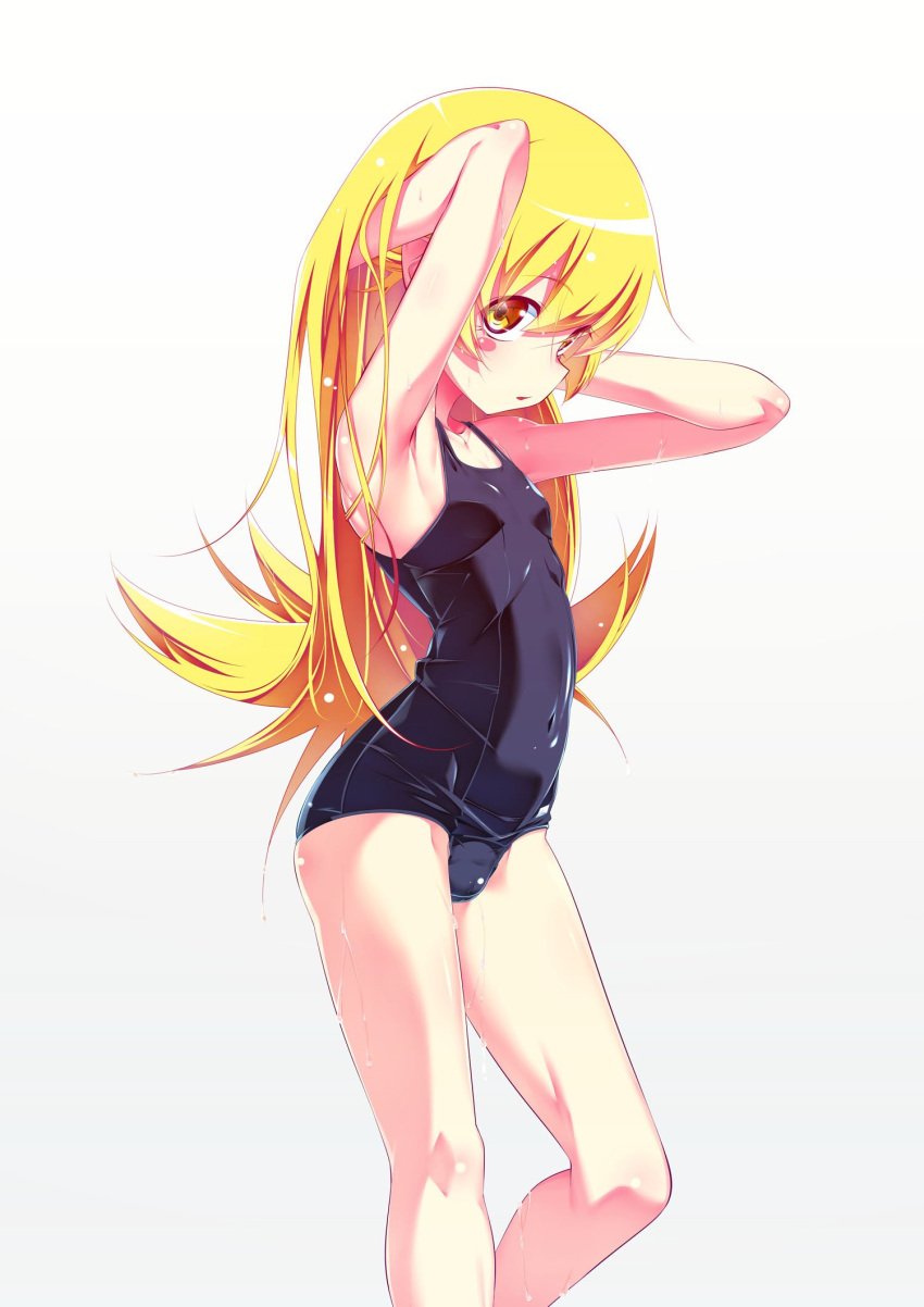 1girl blonde_hair blue_swimsuit covered_navel eyebrows_visible_through_hair hand_in_hair highres long_hair looking_at_viewer monogatari_(series) one-piece_swimsuit oshino_shinobu solo swimsuit tanabe_kyou wet white_background yellow_eyes