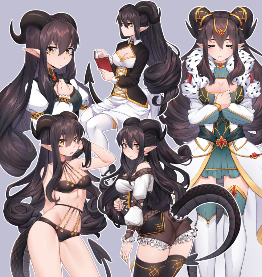 1girl adjusting_hair anastasia_bellerose arched_back arm_belt ass bangs bare_shoulders black_bra black_hair black_jacket black_legwear black_panties blush book boots borrowed_character bra breasts brown_shorts character_sheet cleavage cleavage_cutout corset curled_horns curly_hair dragon_girl dragon_horns dragon_tail dress frilled_shorts frills gem gold hair_between_eyes halterneck highres horn_ornament horns invisible_chair iwbitu-sa jacket long_hair looking_at_viewer looking_back medium_breasts multiple_views navel open_book open_mouth original panties parted_lips pointy_ears sash scales shorts sitting sweatdrop tail tail_cutout thigh-highs thigh_boots tiara underwear very_long_hair white_dress white_footwear white_legwear yellow_eyes