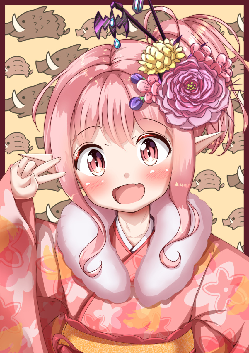1girl :d arm_up bangs blush chinese_zodiac collarbone commentary_request demon_girl eyebrows_visible_through_hair fang floral_print flower fur_collar hair_between_eyes hair_bun hair_flower hair_ornament head_tilt highres japanese_clothes kimono long_sleeves looking_at_viewer mochiyuki obi open_mouth original pig pink_flower pink_hair pink_kimono pointy_ears print_kimono red_eyes sash side_bun sidelocks sleeves_past_wrists smile solo succubus upper_body v_over_eye wide_sleeves year_of_the_pig