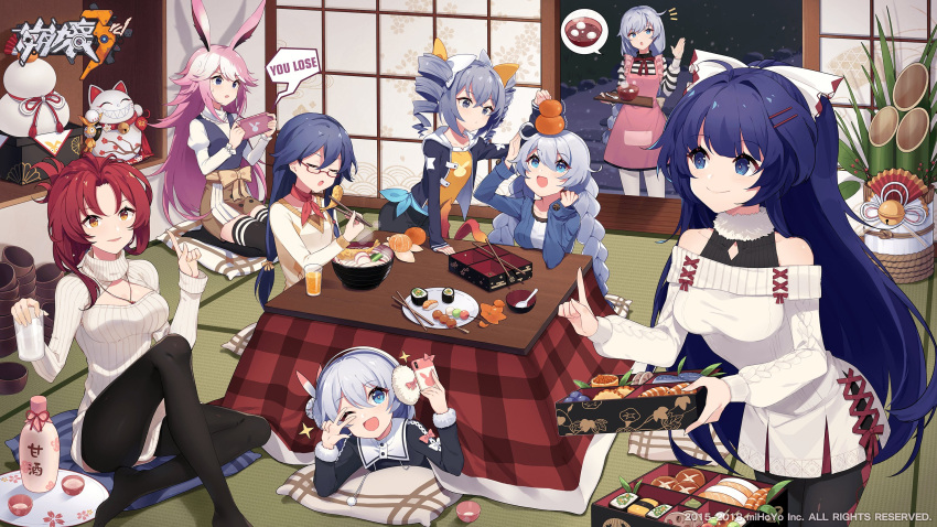 6+girls ahoge alcohol animal_ears apron bangs bare_shoulders black_legwear blue_eyes blue_hair blush bottle bow braid breasts bronya_zaychik casual chopsticks cici cleavage cleavage_cutout closed_mouth cup dango dress drill_hair earmuffs eyebrows_visible_through_hair food fox_ears fruit fu_hua_(honkai_impact) fur_trim grin hair_between_eyes hair_bow hair_ornament hairband hand_up happy_new_year highres holding holding_chopsticks holding_cup holding_handheld_game_console holding_tray honkai_(series) honkai_impact_3 index_finger_raised jacket jewelry kallen_kaslana kiana_kaslana kotatsu large_breasts logo long_hair looking_at_viewer mandarin_orange maneki-neko medium_breasts multiple_girls murata_himeko necklace new_year open_mouth pantyhose parted_lips pink_hair plate playing_games ponytail raiden_mei ribbed_sweater sake_bottle saucer seiza shirt side_braid sidelocks silver_hair sitting small_breasts smile spoken_food sushi sweater sweater_dress table tatami theresa_apocalypse translated tray turtleneck twin_braids twin_drills very_long_hair wagashi watermark white_legwear yae_sakura_(honkai_impact)