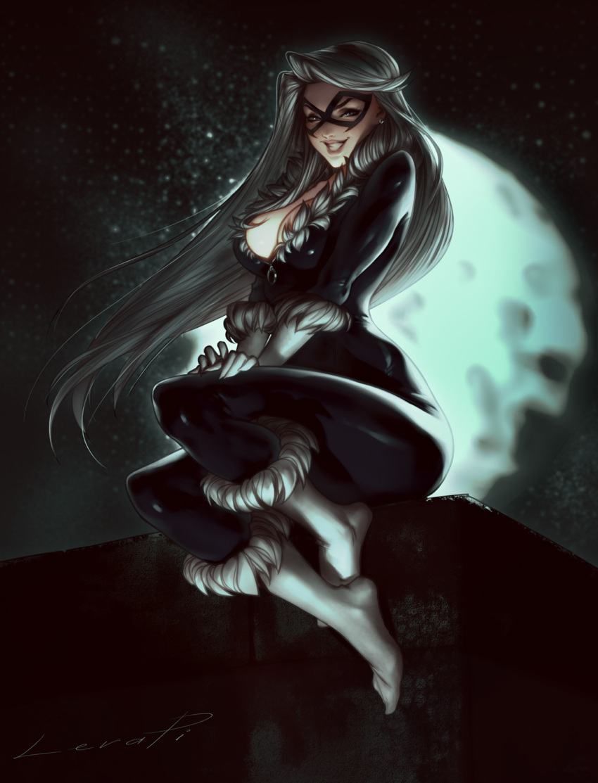 1girl black_bodysuit black_cat_(marvel) bodysuit breasts cleavage domino_mask earrings elbow_gloves fur_collar fur_trim gloves grey_eyes hand_on_own_thigh highres jewelry large_breasts lera_pi long_hair looking_at_viewer marvel mask moon night night_sky rooftop silver_hair sitting skin_tight sky smile spider-man_(series) star white_footwear white_gloves