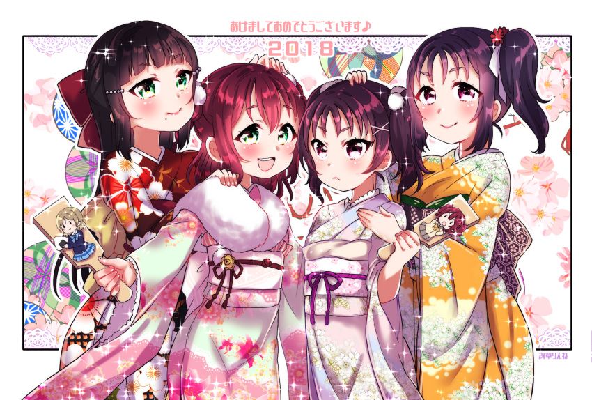 2018 4girls :d akeome artist_name bangs black_hair blazer blue_neckwear blue_skirt blush bow bowtie character_print commentary_request floral_background floral_print food frown fur-trimmed_kimono fur_trim green_eyes hagoita hair_bow hair_ornament happy_new_year highres holding jacket japanese_clothes kazuno_leah kazuno_sarah kimono koizumi_hanayo kurosawa_dia kurosawa_ruby long_hair long_sleeves looking_at_viewer love_live! love_live!_school_idol_project love_live!_sunshine!! mole mole_under_mouth multiple_girls new_year obi onigiri open_mouth orange_kimono otonokizaka_school_uniform paddle pink_kimono pleated_skirt pom_pom_(clothes) purple_hair red_bow redhead rinne_(mizunosato) sash school_uniform serafuku short_hair side_ponytail sidelocks skirt smile sparkle translated twintails uranohoshi_school_uniform violet_eyes wide_sleeves x_hair_ornament yellow_neckwear