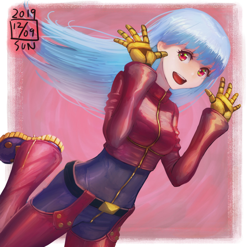 1girl :d bangs belt blue_hair boots dated dutch_angle hands_up highres ikeda_(cpt) kula_diamond long_hair long_sleeves looking_at_viewer open_mouth pants pink_background pink_pants purple_footwear red_eyes round_teeth smile teeth the_king_of_fighters