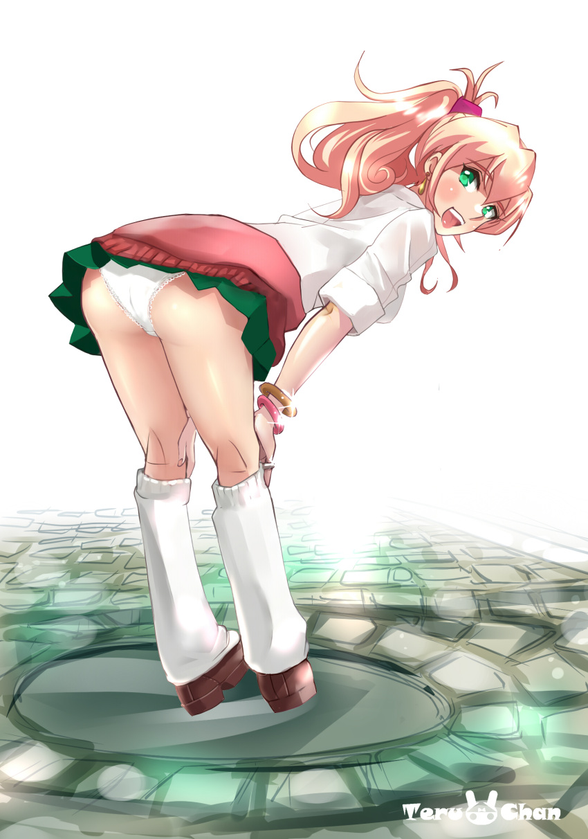 1girl artist_logo artist_name ass bangs blonde_hair bracelet brown_footwear clothes_around_waist commentary_request crotch_seam dress_shirt earrings eyebrows_visible_through_hair from_behind full_body green_eyes green_skirt gyaru hair_ornament hair_scrunchie hajimete_no_gal hands_on_own_knees highres jewelry kneepits lace lace-trimmed_panties loafers long_hair long_sleeves looking_at_viewer looking_back loose_socks miniskirt nail_polish open_mouth panties pink_nails pink_scrunchie pleated_skirt ponytail red_skirt ring road school_uniform scrunchie shirt shoes skirt sleeves_rolled_up smile solo sparkle standing stone sweater_around_waist tan teruchan thighs underwear white_background white_legwear white_panties white_shirt yame_yukana