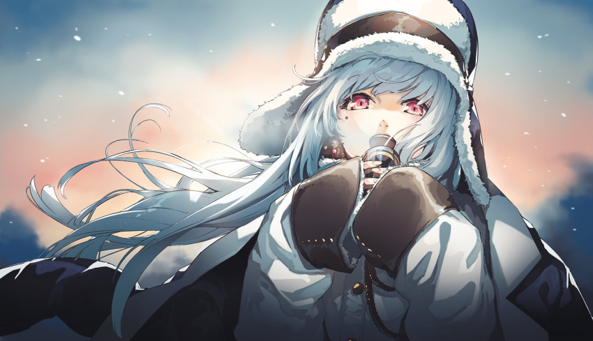 bangs character_request commentary_request copyright_request fur_hat fur_trim hair_lift hat highres holding la-na long_hair looking_at_viewer mole mole_under_eye open_mouth outdoors pink_eyes silver_hair ushanka white_coat