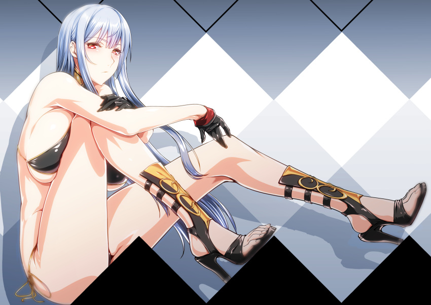 1girl bikini black_bikini black_gloves breasts ebido gloves high_heels highres large_breasts long_hair looking_at_viewer open_toe_shoes red_eyes selvaria_bles senjou_no_valkyria silver_hair sitting solo swimsuit