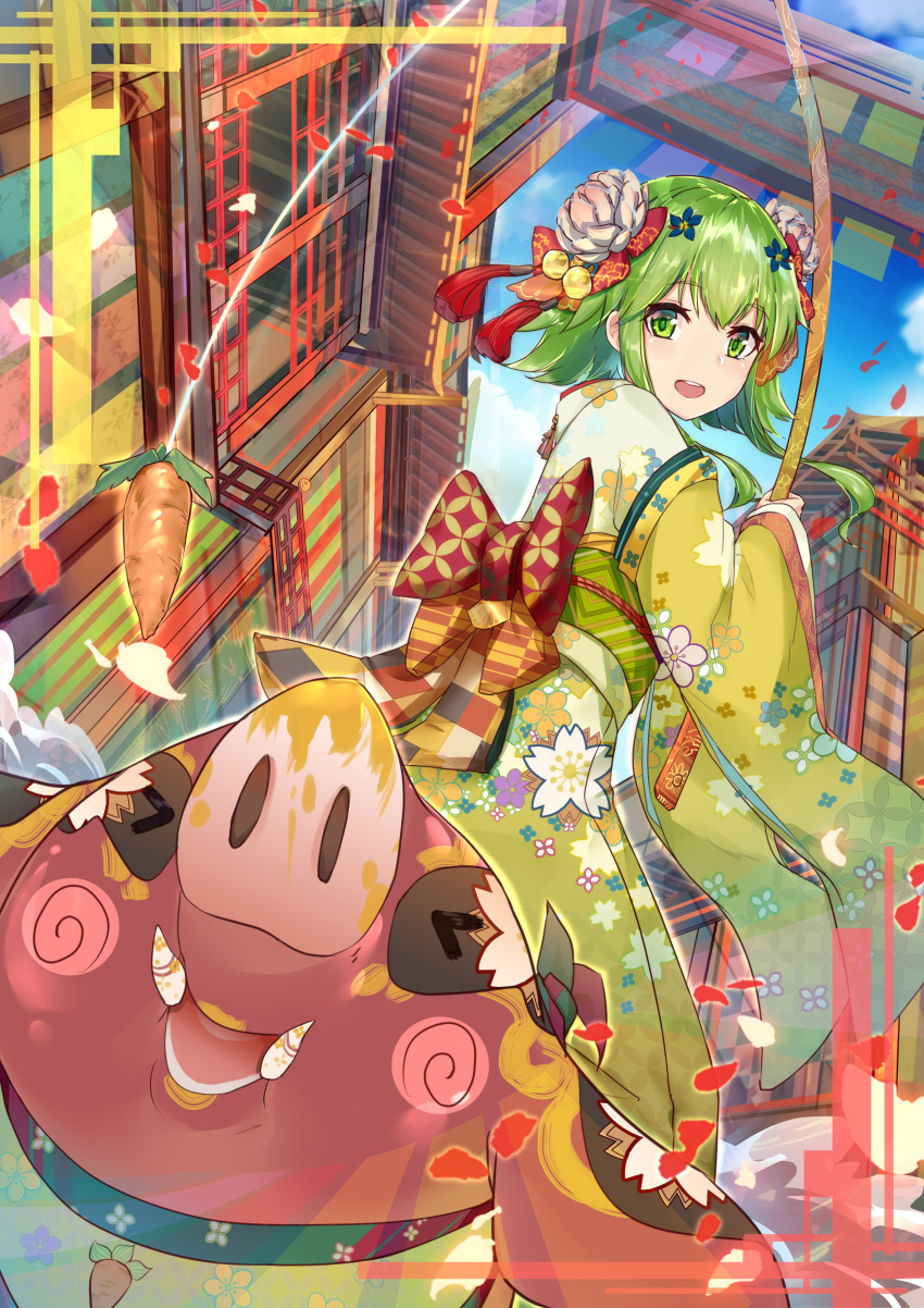 &gt;_&lt; 1girl :d absurdres animal back_bow bangs blue_flower blush_stickers bobo_(6630978) bow building carrot_on_stick checkered checkered_bow chinese_zodiac commentary_request day fishing_rod floral_print flower green_eyes green_hair green_kimono gumi hair_bow hair_flower hair_ornament highres holding japanese_clothes kanzashi kimono long_sleeves looking_back new_year obi open_mouth orange_bow outdoors petals pig red_bow sash short_hair_with_long_locks smile solo striped striped_bow tassel vocaloid white_flower wide_sleeves xd year_of_the_pig