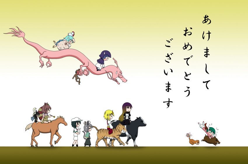 1boy 6+girls =_= ^_^ animal animal_ears animal_on_head animal_print asymmetrical_wings bird black_dress black_hair blonde_hair blue_hair blue_vest boar brown_dress brown_hair capelet chibi chicken chinese_zodiac closed_eyes commentary_request cow dog dragon dragon_riding dress eastern_dragon flying_sweatdrops futatsuiwa_mamizou glasses gradient_hair green_hair grey_dress grey_hair group_picture group_profile hair_ornament happy_new_year hat hijiri_byakuren holding holding_animal hood horse horseback_riding houjuu_nue juliet_sleeves kasodani_kyouko kiseru kumoi_ichirin lily_white lineup long_hair long_sleeves monkey mouse mouse_ears mouse_tail multicolored_hair multiple_girls murasa_minamitsu nazrin new_year o_o on_head open_mouth pink_dress pipe pleated_skirt profile puffy_sleeves purple_hair rabbit raccoon_ears raccoon_tail rakugaki-biyori red_skirt red_vest riding rooster sailor_hat sheep shirt short_hair short_sleeves shorts sidesaddle sitting_on_animal skirt skirt_set smile snake solid_oval_eyes streaked_hair sweatdrop tail tail_grab tatara_kogasa tears tiger tiger_print toramaru_shou touhou translated unzan vest walking white_dress white_shirt white_shorts white_skirt wide_shot wings year_of_the_pig