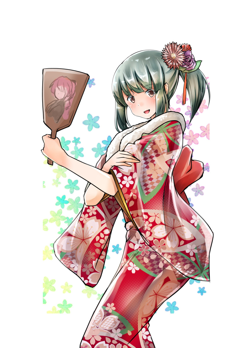1girl absurdres bow commentary_request feet_out_of_frame floral_background flower full_body fur-trimmed_kimono fur_trim furisode green_eyes grey_hair hagoita hair_bow hair_flower hair_ornament highres japanese_clothes kantai_collection kazu_(really_in_hot_water_now) kimono long_hair paddle ponytail red_kimono solo white_background yuubari_(kantai_collection)