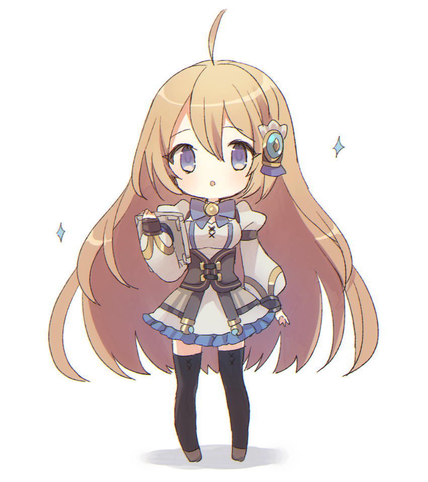 1girl :o ahoge bangs black_legwear blue_bow blue_eyes blush bow breasts brown_footwear character_request commentary_request cryptract dress eyebrows_visible_through_hair frilled_dress frills full_body grey_dress hair_between_eyes hair_ornament juliet_sleeves kikka_(kicca_choco) light_brown_hair long_hair long_sleeves looking_at_viewer parted_lips puffy_sleeves shadow sleeves_past_wrists small_breasts solo sparkle standing thigh-highs very_long_hair white_background