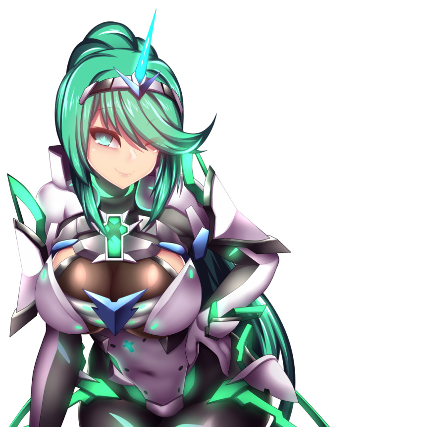 1girl armor bangs blinking blush bodystocking breasts character_name cleavage closed_mouth cowboy_shot earrings eyebrows_visible_through_hair faulds gauntlets green_eyes green_hair headband high_ponytail jewelry large_breasts lips long_hair looking_at_viewer nintendo pantyhose pixivfi-san pneuma_(xenoblade) ponytail pose see-through sidelocks simple_background smile solo spoilers standing very_long_hair white_background xenoblade_(series) xenoblade_2