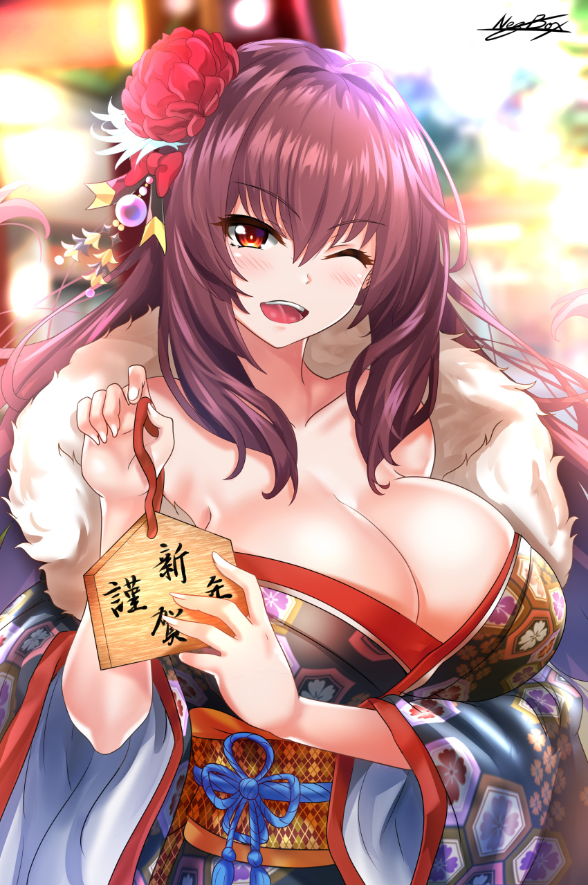 1girl absurdres bangs bare_shoulders blue_kimono blurry blurry_background blush breasts cleavage collarbone fate/grand_order fate_(series) floral_print flower fur_trim hair_between_eyes hair_flower hair_ornament happy_new_year highres japanese_clothes kimono large_breasts long_hair looking_at_viewer new_year nez-kun obi one_eye_closed open_mouth purple_hair red_eyes sash scathach_(fate)_(all) scathach_(fate/grand_order) signature smile solo wide_sleeves