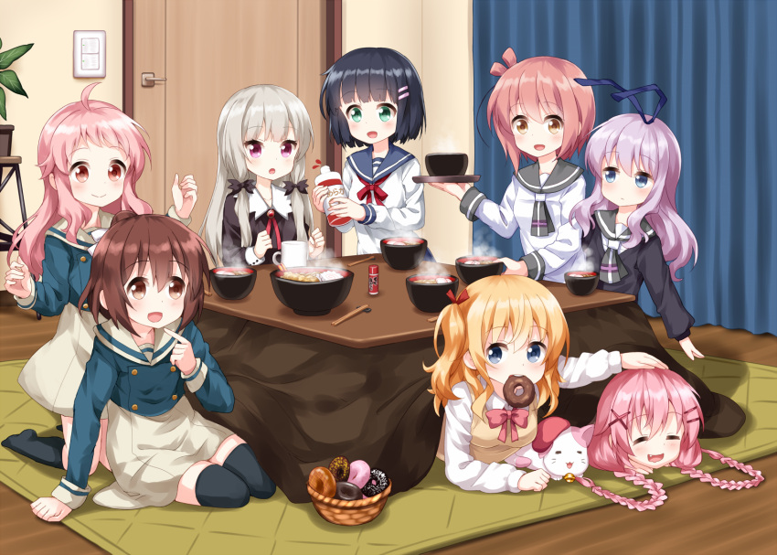 6+girls :d ^_^ ahoge anima_yell! black_hair black_legwear blonde_hair bob_cut bowl braid brown_hair character_request chopsticks closed_eyes closed_eyes comic_girls commentary_request crossover cup curtains door doughnut eyebrows_visible_through_hair fang food hair_ornament hairclip highres indoors kotatsu long_hair looking_away mug multiple_crossover multiple_girls open_mouth patting pink_hair pointing pointing_at_self ponytail ruu_(tksymkw) sailor_collar short_hair slow_start smile steam table thigh-highs tonari_no_kyuuketsuki-san twin_braids white_background x_hair_ornament